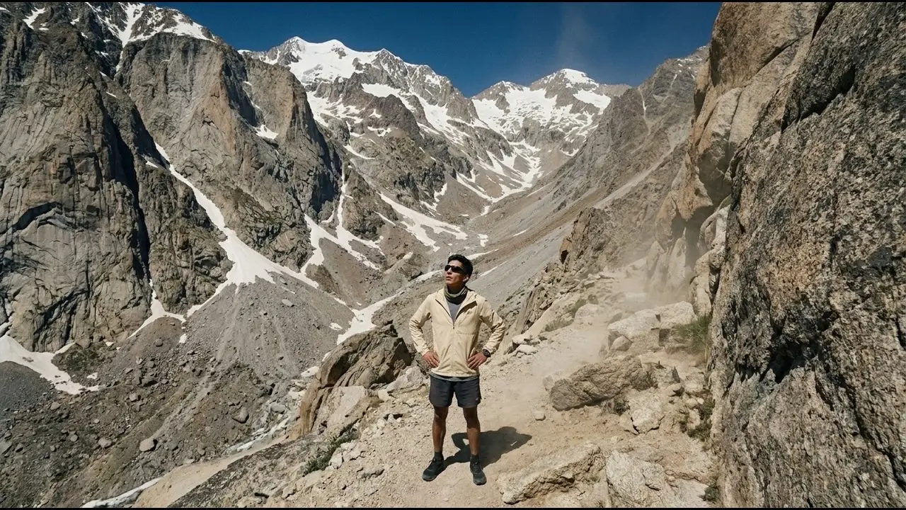 Fotograma de ZONDA: una persona con anteojos de sol en un sendero de piedra, entre paredes de roca y cumbres nevadas.